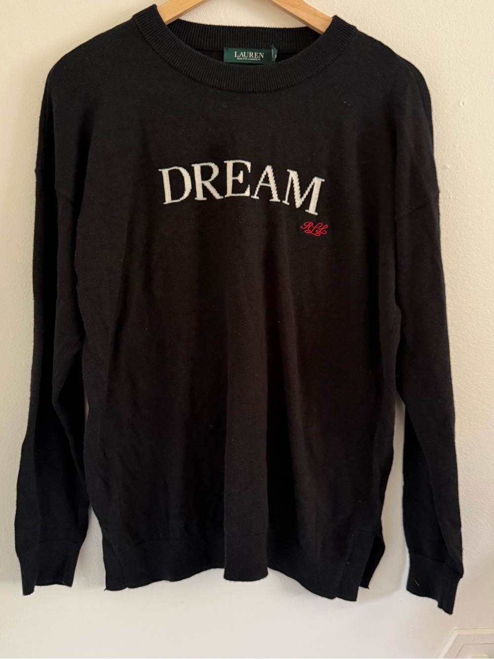 Ralph Lauren Black Crewneck Sweater with White 'DREAM' Embroidery and Red Script